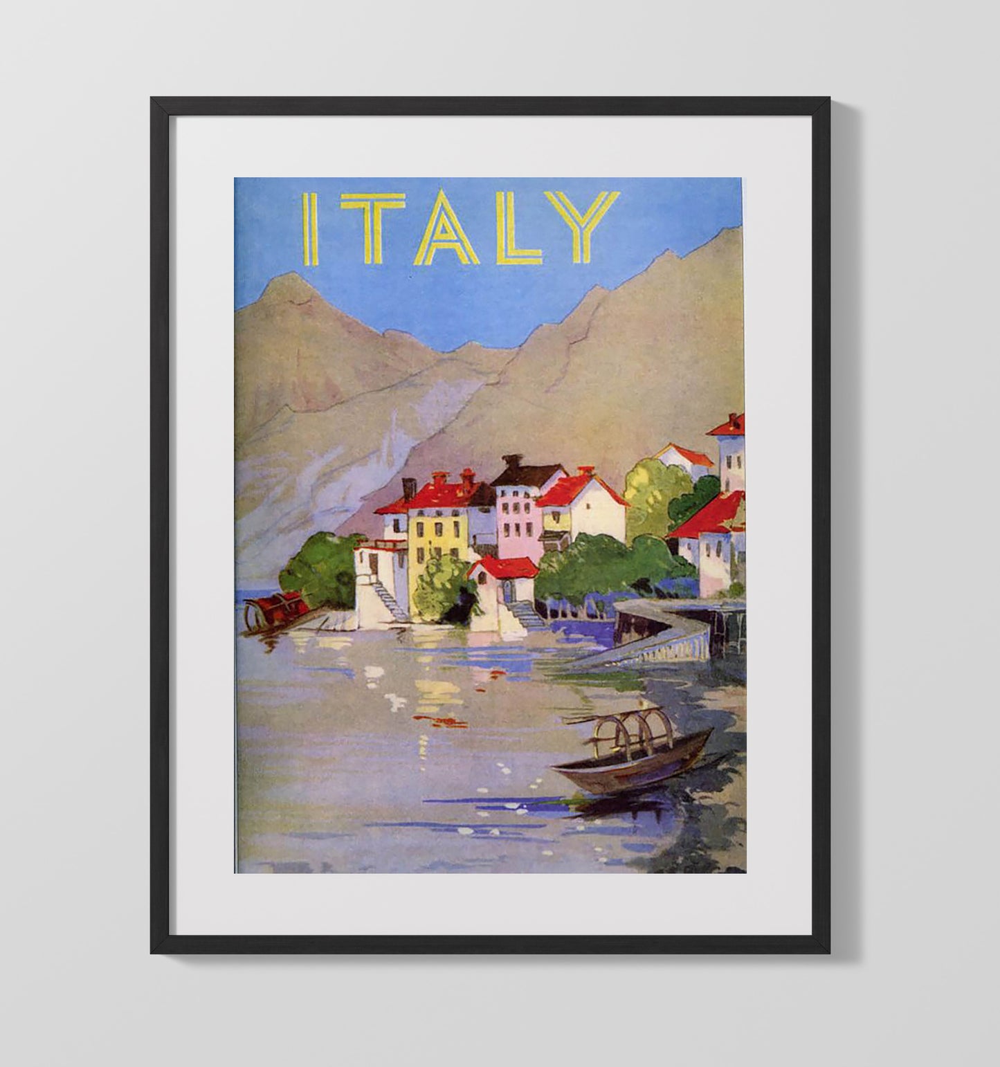 Italy Lakeside Village Vintage Travel Print 16x20 Gallery Frame travel wall art print