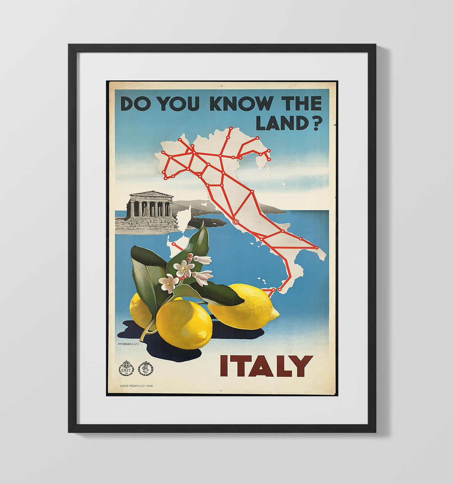 Italy Lemons and Map Vintage Travel Print 16x20 Gallery Frame travel wall art print