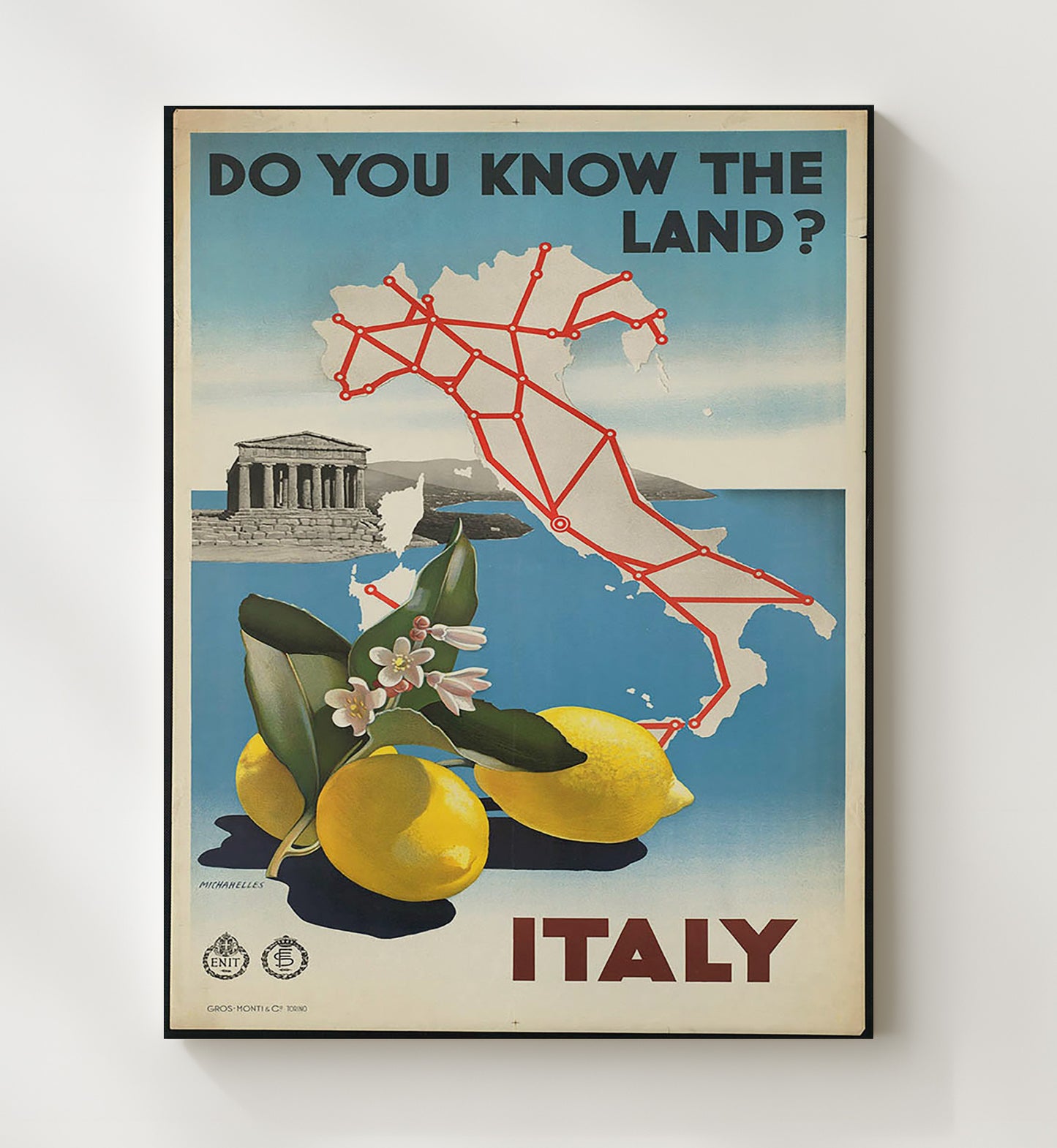 Italy Lemons and Map Vintage Travel Print 20x24 Canvas travel wall art print