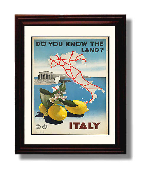 Italy Lemons and Map Vintage Travel Print 8x10 Beveled Frame travel wall art print