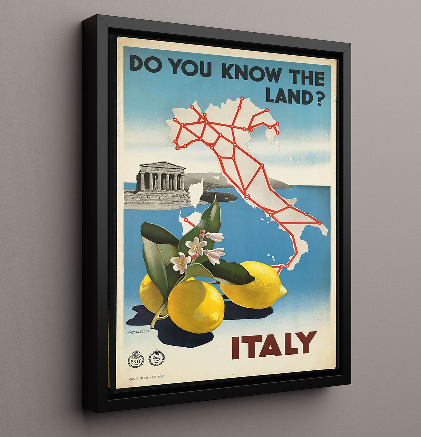 Italy Lemons and Map Vintage Travel Print 16x20 Framed Canvas travel wall art print