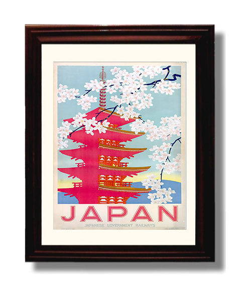 Japan Cherry Blossoms Vintage Travel Print 8x10 Beveled Frame travel wall art print