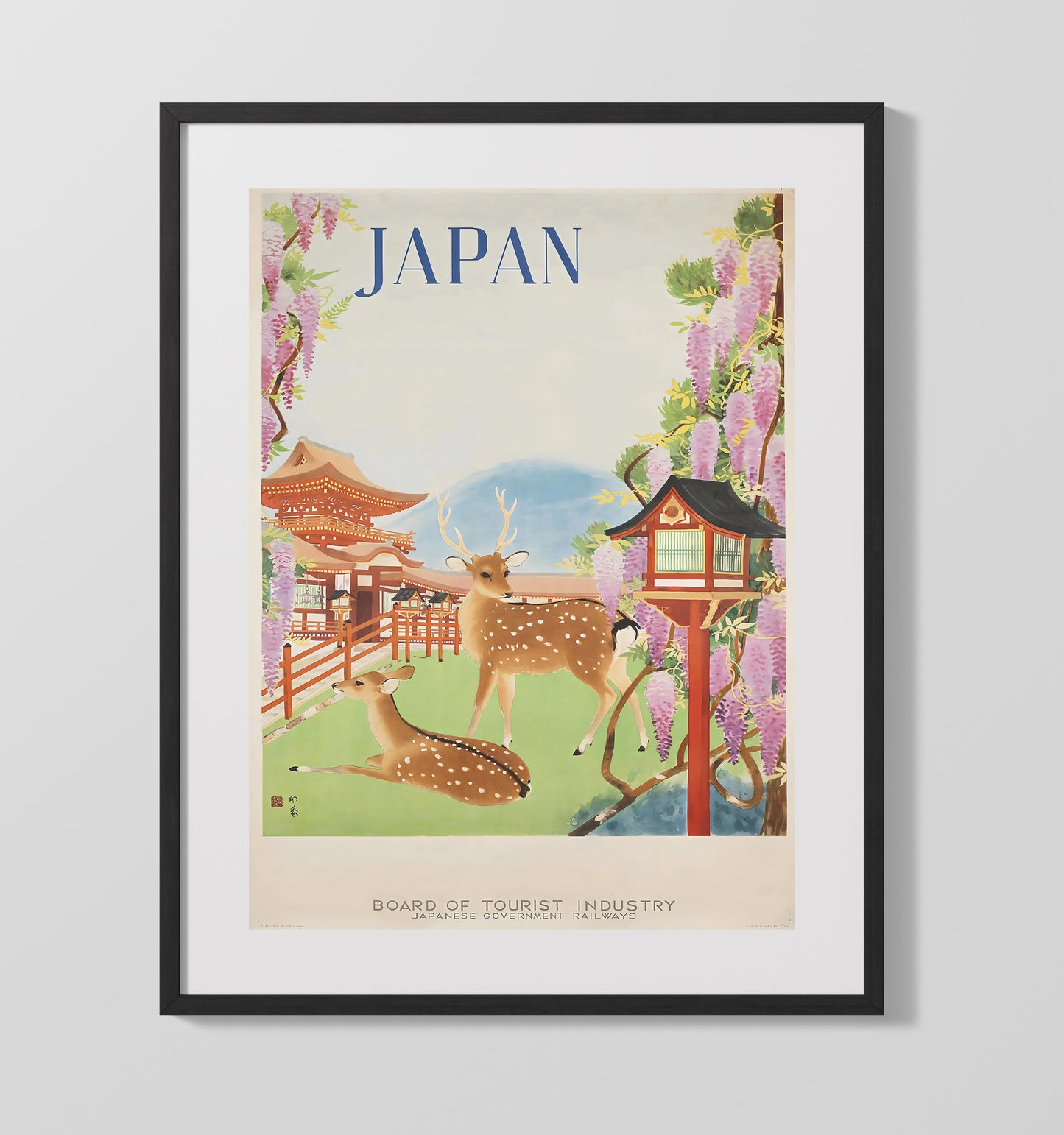 Japan Nara Deer Vintage Travel Print 16x20 Gallery Frame travel wall art print