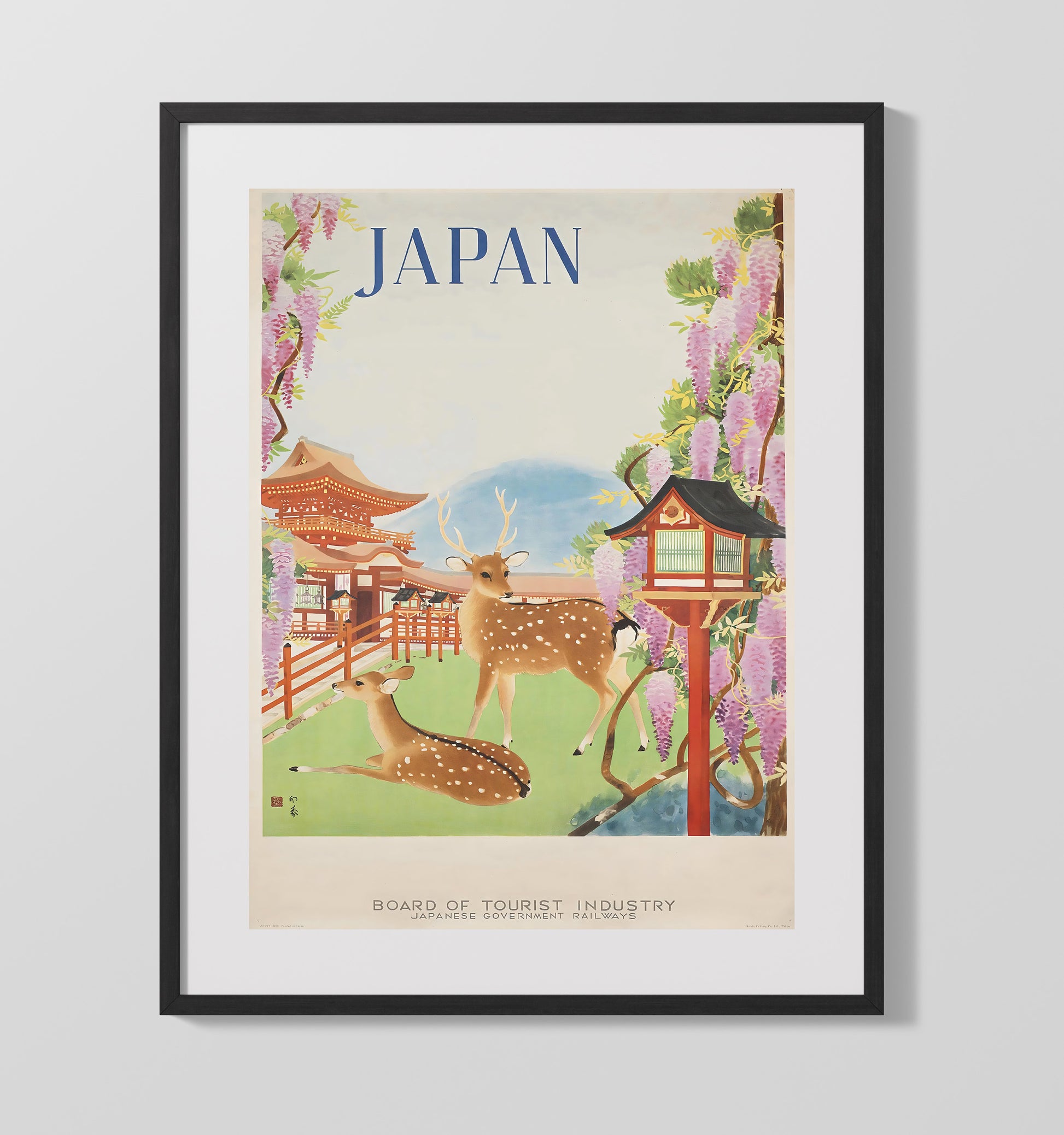 Japan Nara Deer Vintage Travel Print 16x20 Gallery Frame travel wall art print