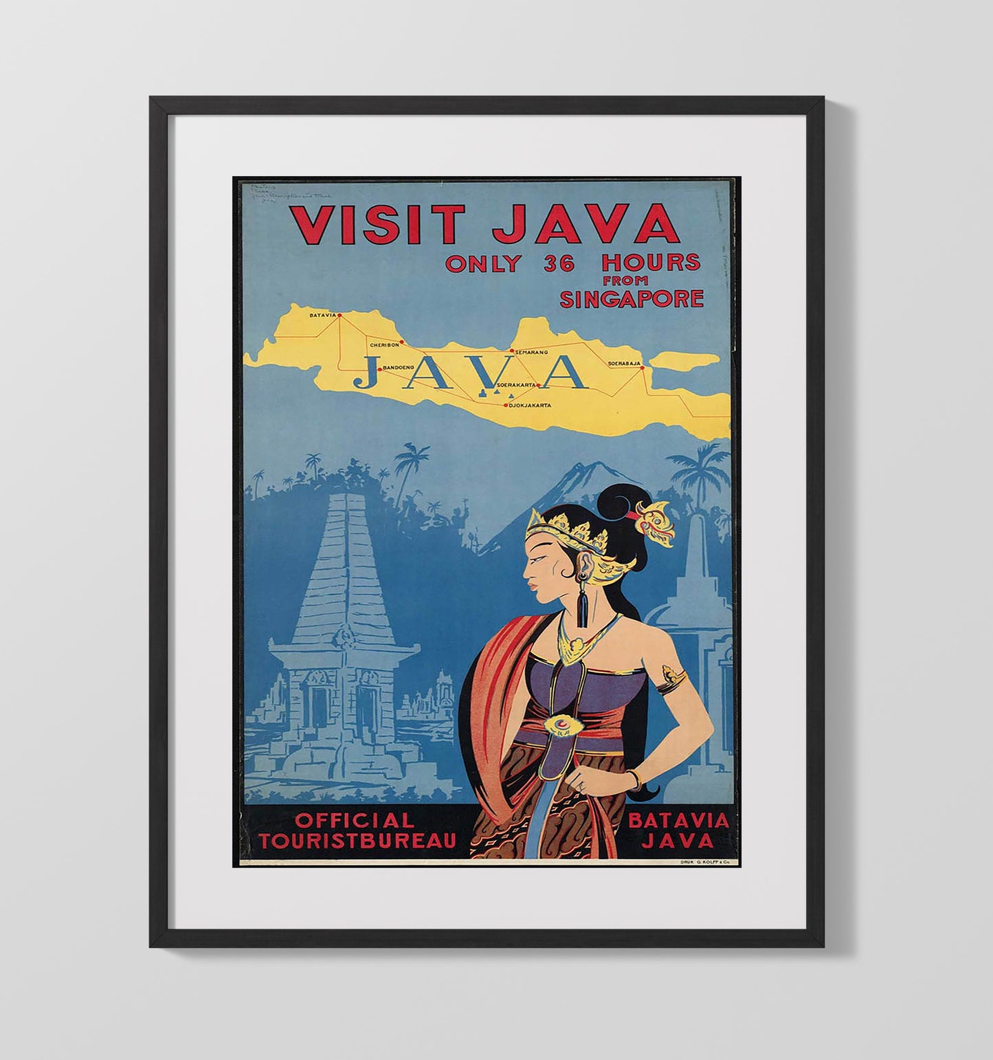 Java Batavia Vintage Travel Print 16x20 Gallery Frame travel wall art print