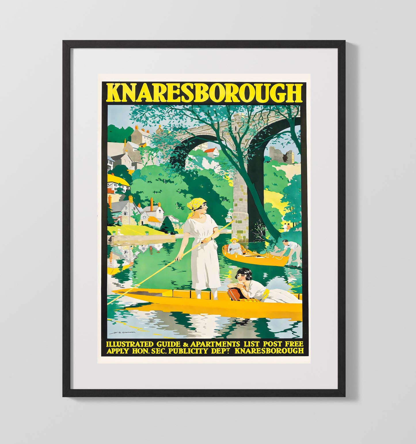 Knaresborough River Boating Vintage Travel Print 16x20 Gallery Frame travel wall art print