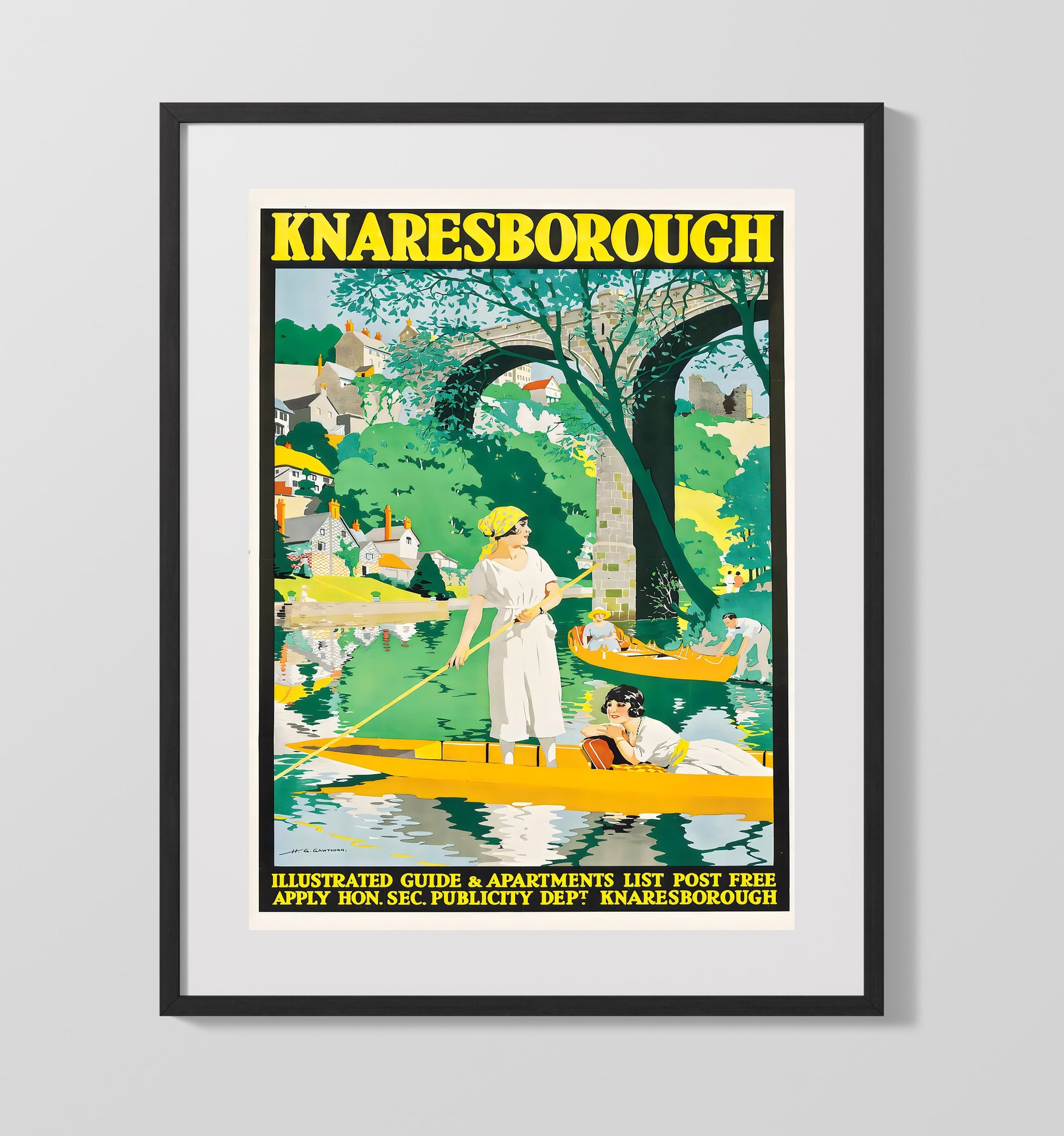 Knaresborough River Boating Vintage Travel Print 16x20 Gallery Frame travel wall art print