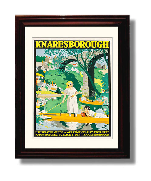 Knaresborough River Boating Vintage Travel Print 8x10 Beveled Frame travel wall art print