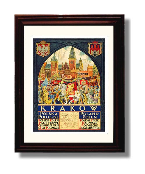 Krakow Polish State Railways Vintage Travel Print 8x10 Beveled Frame travel wall art print