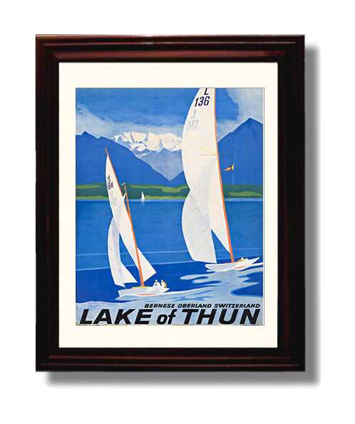 Lake of Thun Switzerland Vintage Travel Print 8x10 Beveled Frame travel wall art print