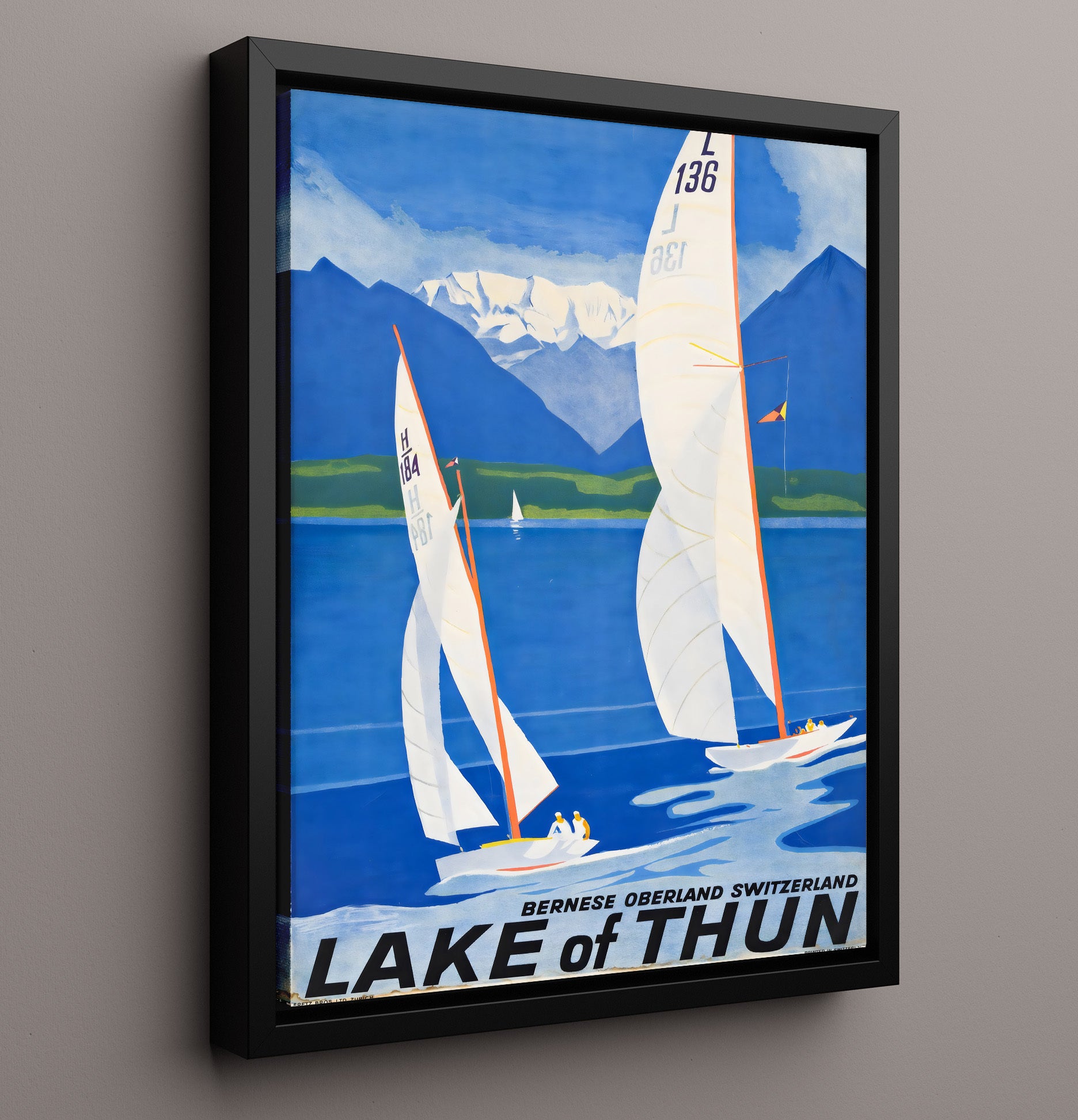 Lake of Thun Switzerland Vintage Travel Print 16x20 Framed Canvas travel wall art print
