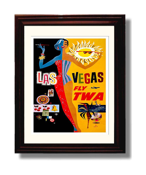 Las Vegas Fly TWA Vintage Travel Print 8x10 Beveled Frame travel wall art print