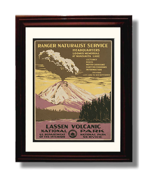 Lassen Volcanic National Park Vintage Travel Print 8x10 Beveled Frame travel wall art print
