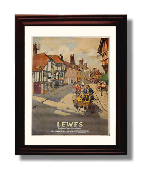 Lewes High Street by Train Vintage Travel Print 8x10 Beveled Frame travel wall art print