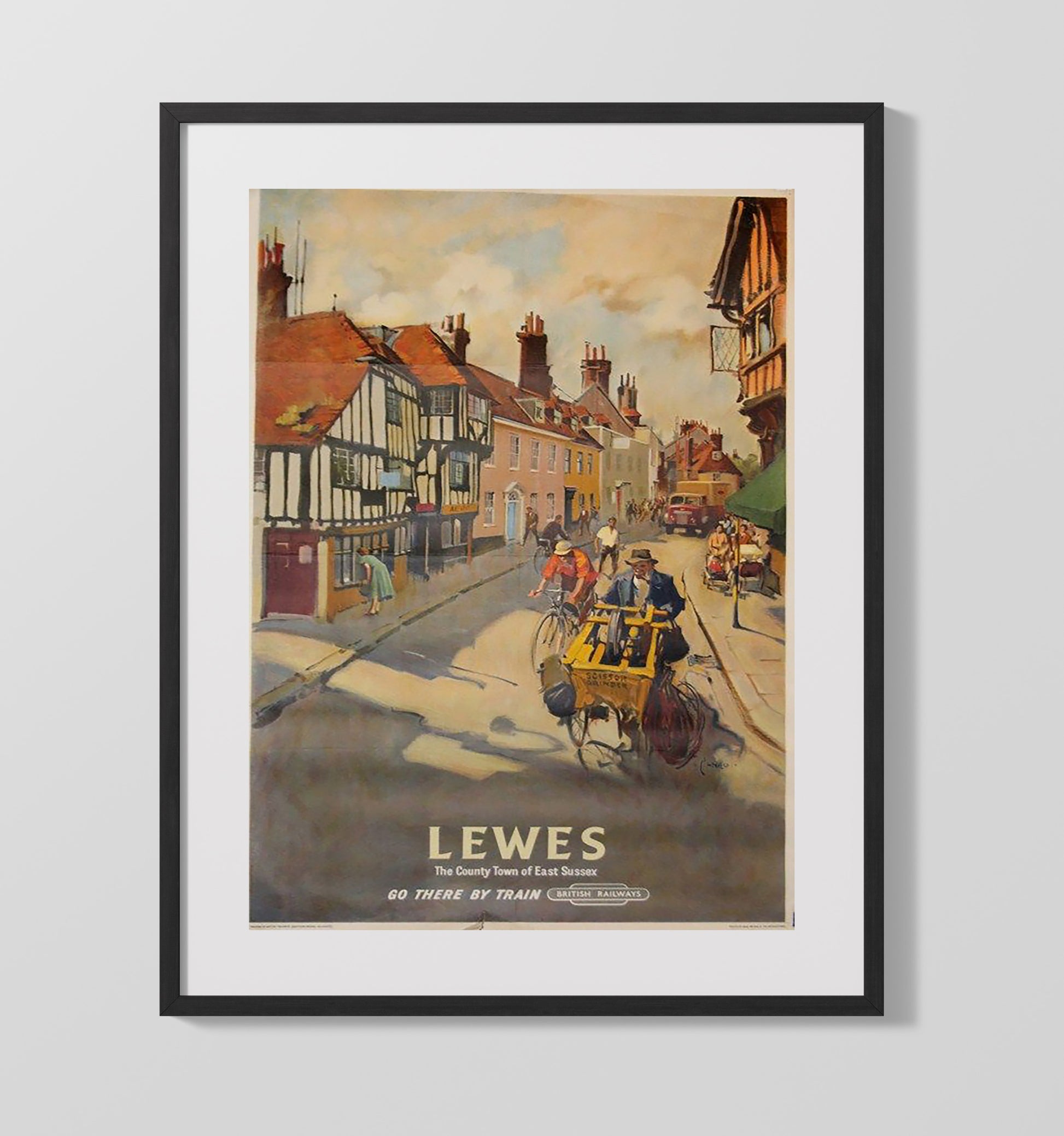 Lewes High Street by Train Vintage Travel Print 16x20 Gallery Frame travel wall art print