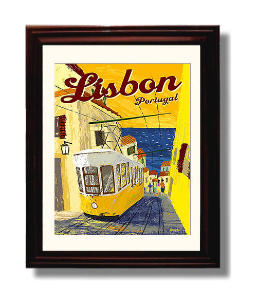 Lisbon Portugal Vintage Travel Print 8x10 Beveled Frame travel wall art print