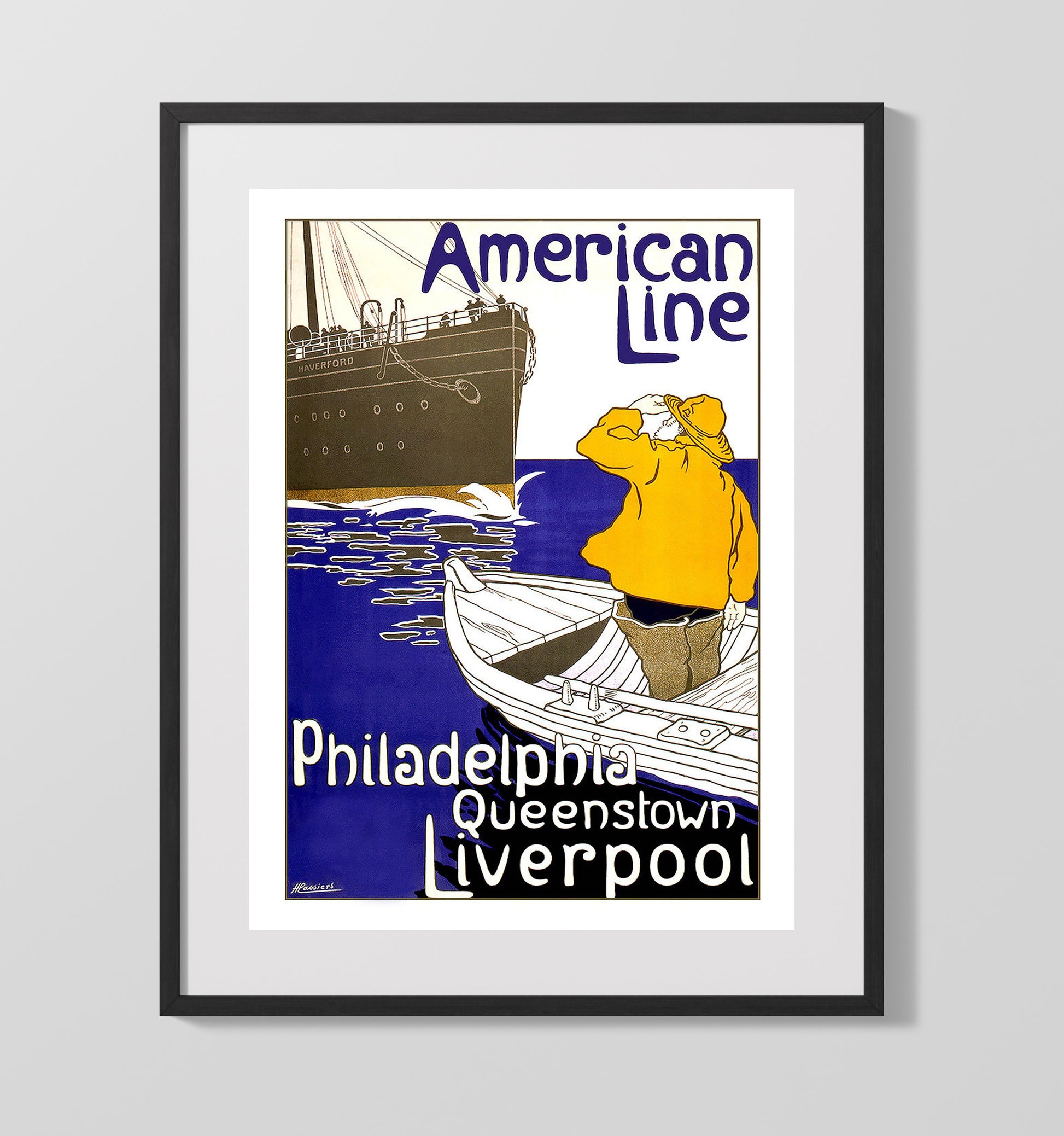 Liverpool American Line Ship Haverford Vintage Travel Print 16x20 Gallery Frame travel wall art print