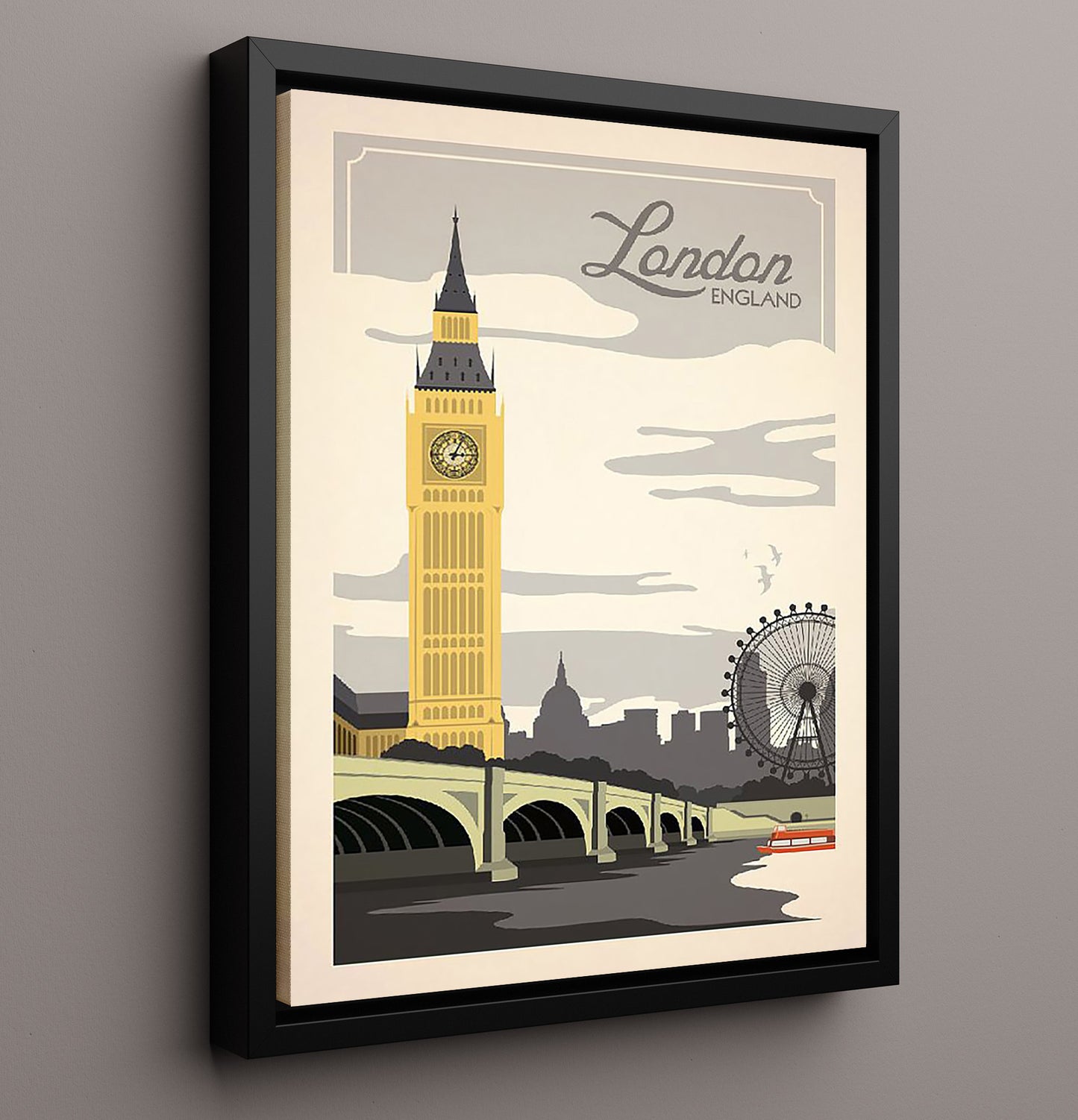 London Big Ben and London Eye Vintage Travel Print 16x20 Framed Canvas travel wall art print
