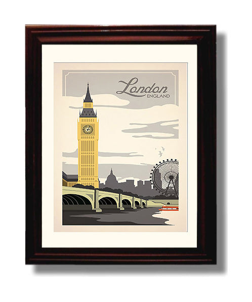 London Big Ben and London Eye Vintage Travel Print 8x10 Beveled Frame travel wall art print