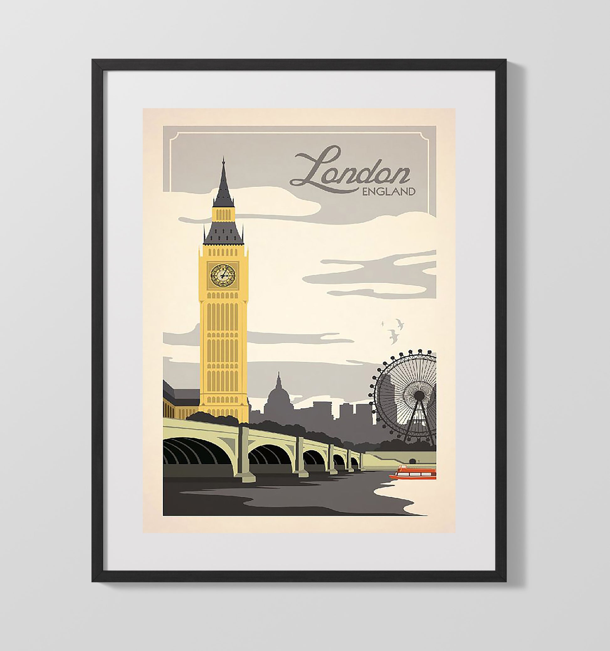 London Big Ben and London Eye Vintage Travel Print 16x20 Gallery Frame travel wall art print