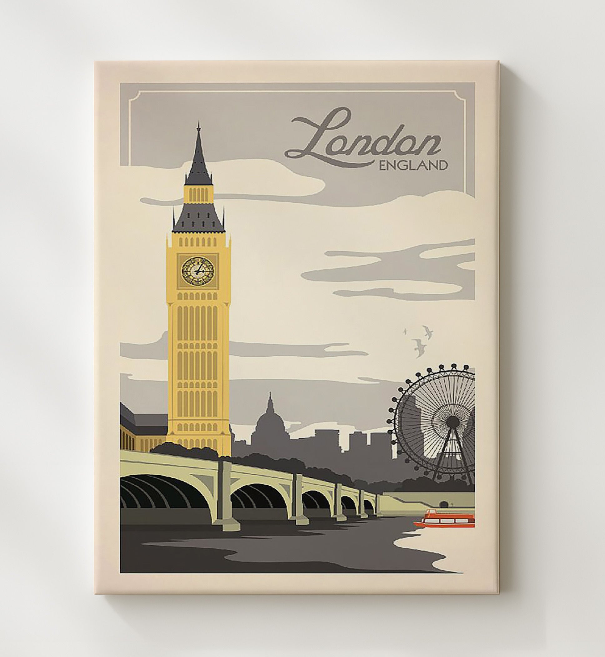London Big Ben and London Eye Vintage Travel Print 20x24 Canvas travel wall art print