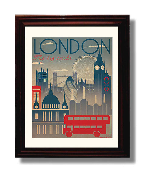 London Big Smoke Vintage Travel Print 8x10 Beveled Frame travel wall art print