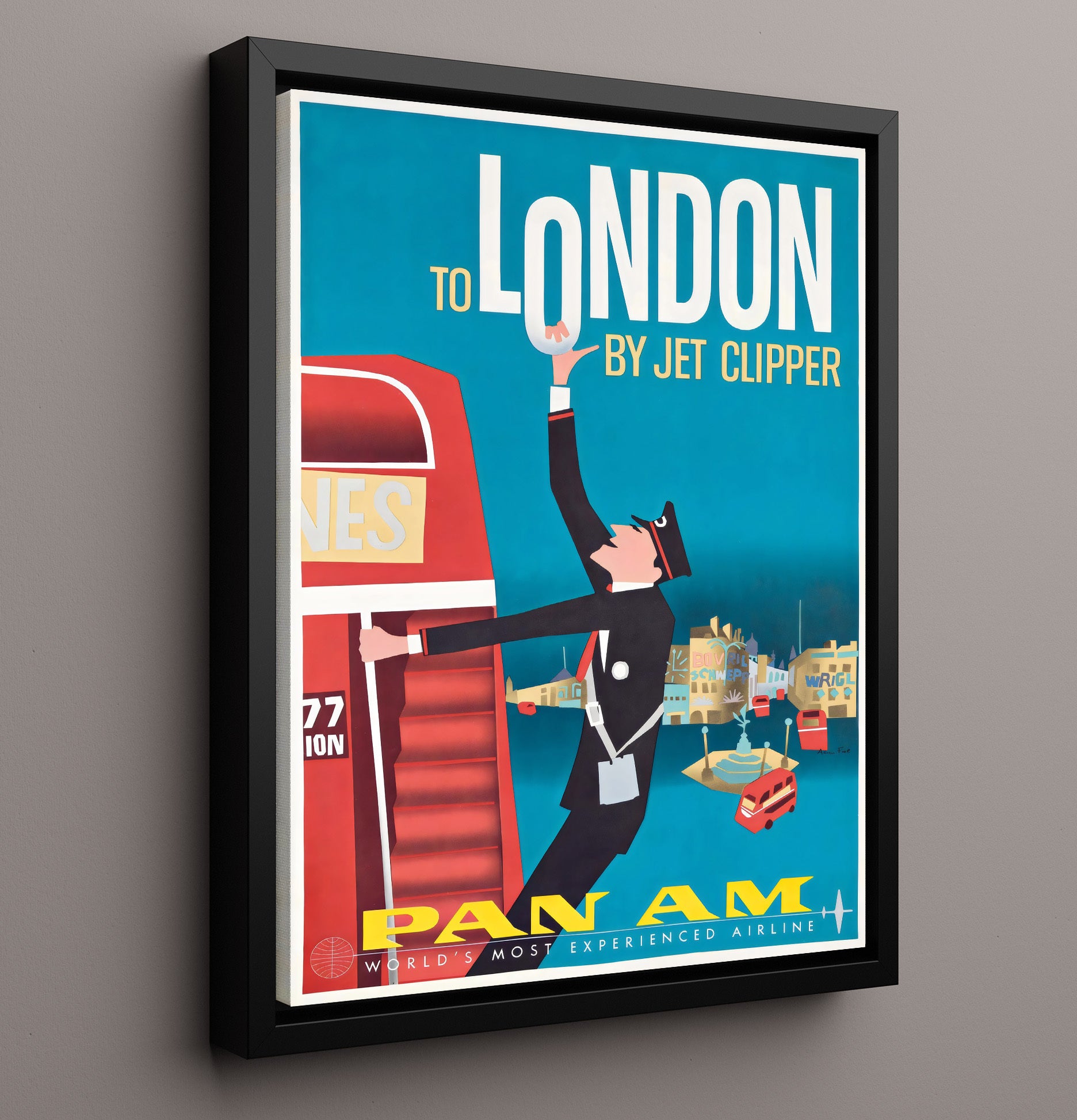 London Pan Am Jet Clipper Vintage Travel Print 16x20 Framed Canvas travel wall art print