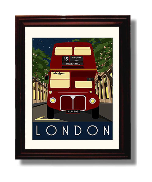 London Red Bus Vintage Travel Print 8x10 Beveled Frame travel wall art print