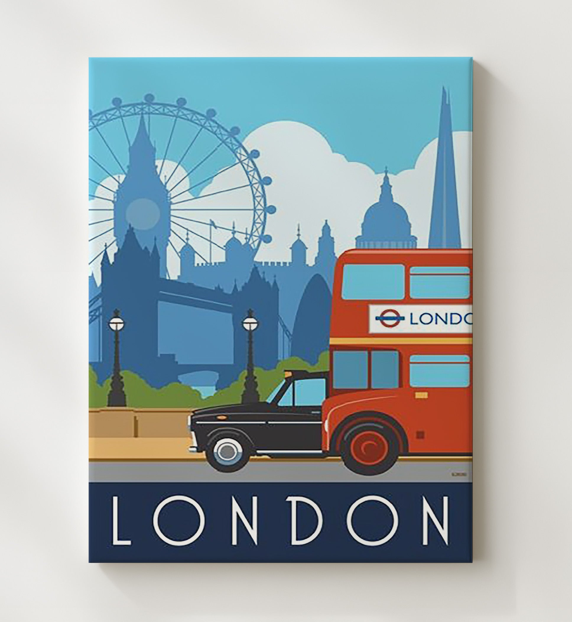 London Red Bus and Black Cab Vintage Travel Print 20x24 Canvas travel wall art print