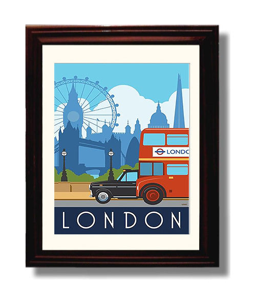 London Red Bus and Black Cab Vintage Travel Print 8x10 Beveled Frame travel wall art print