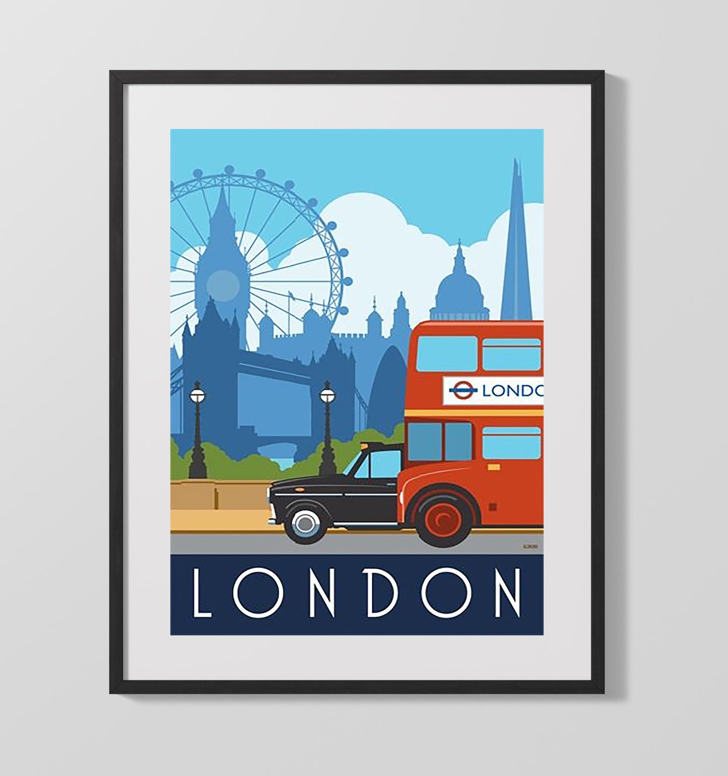 London Red Bus and Black Cab Vintage Travel Print 16x20 Gallery Frame travel wall art print