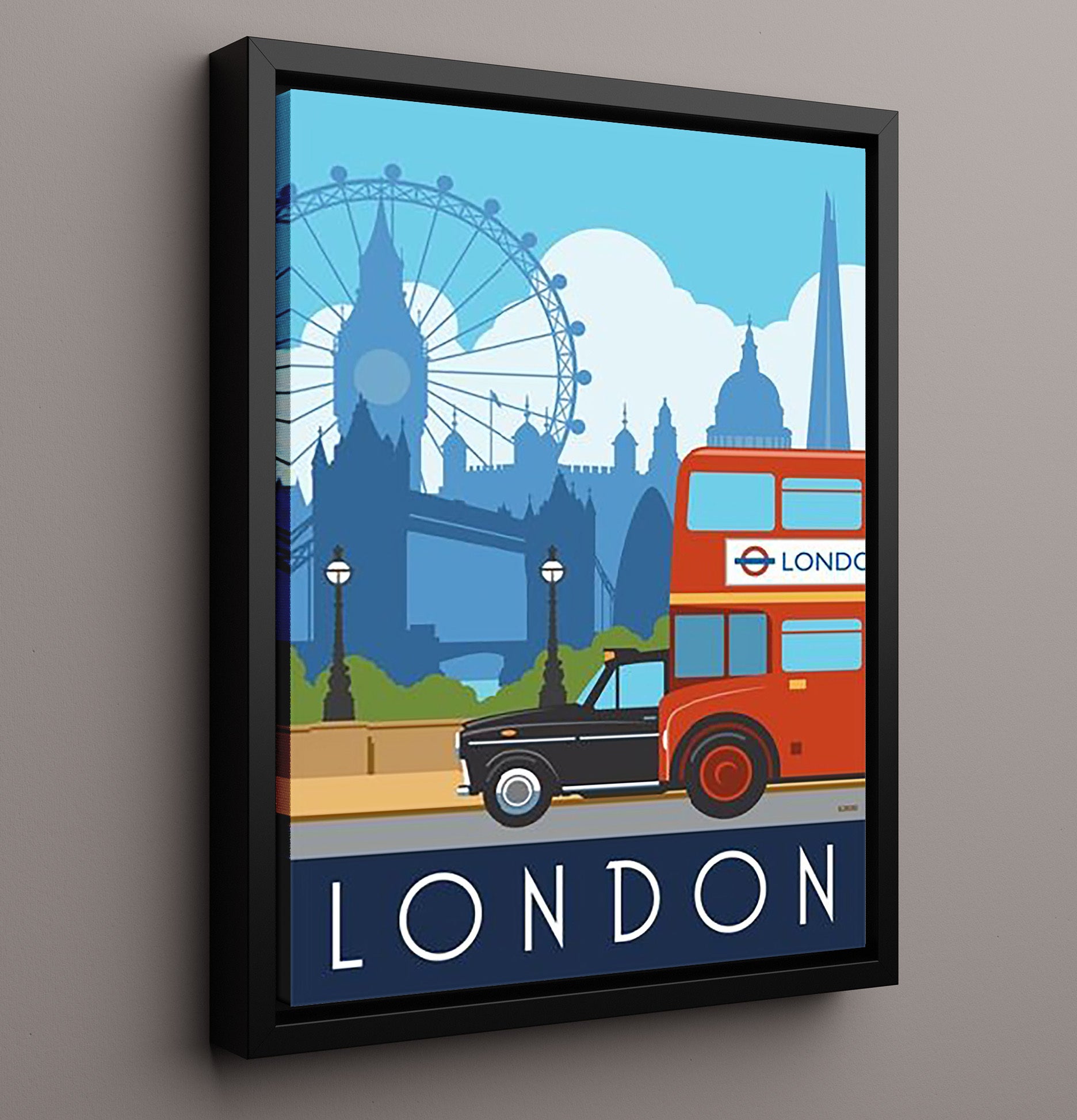 London Red Bus and Black Cab Vintage Travel Print 16x20 Framed Canvas travel wall art print
