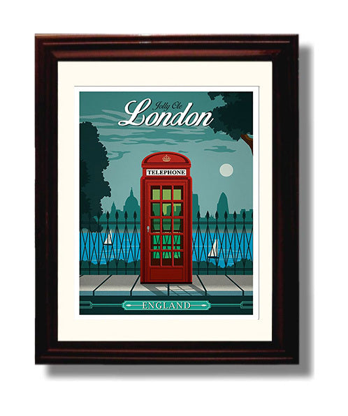 London Telephone Box Vintage Travel Print 8x10 Beveled Frame travel wall art print