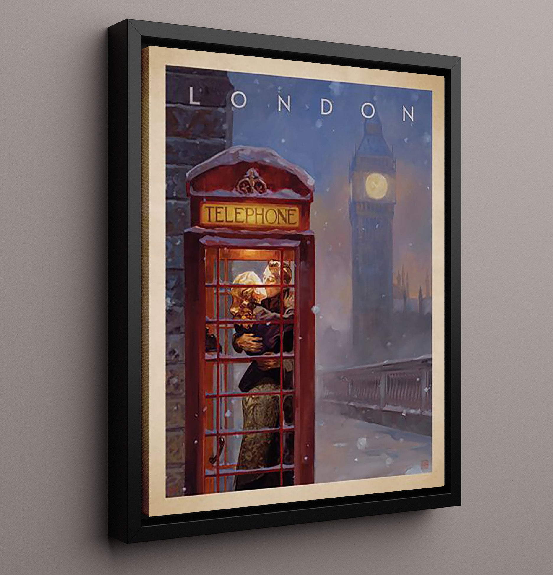 London Telephone Romance Vintage Travel Print 16x20 Framed Canvas travel wall art print