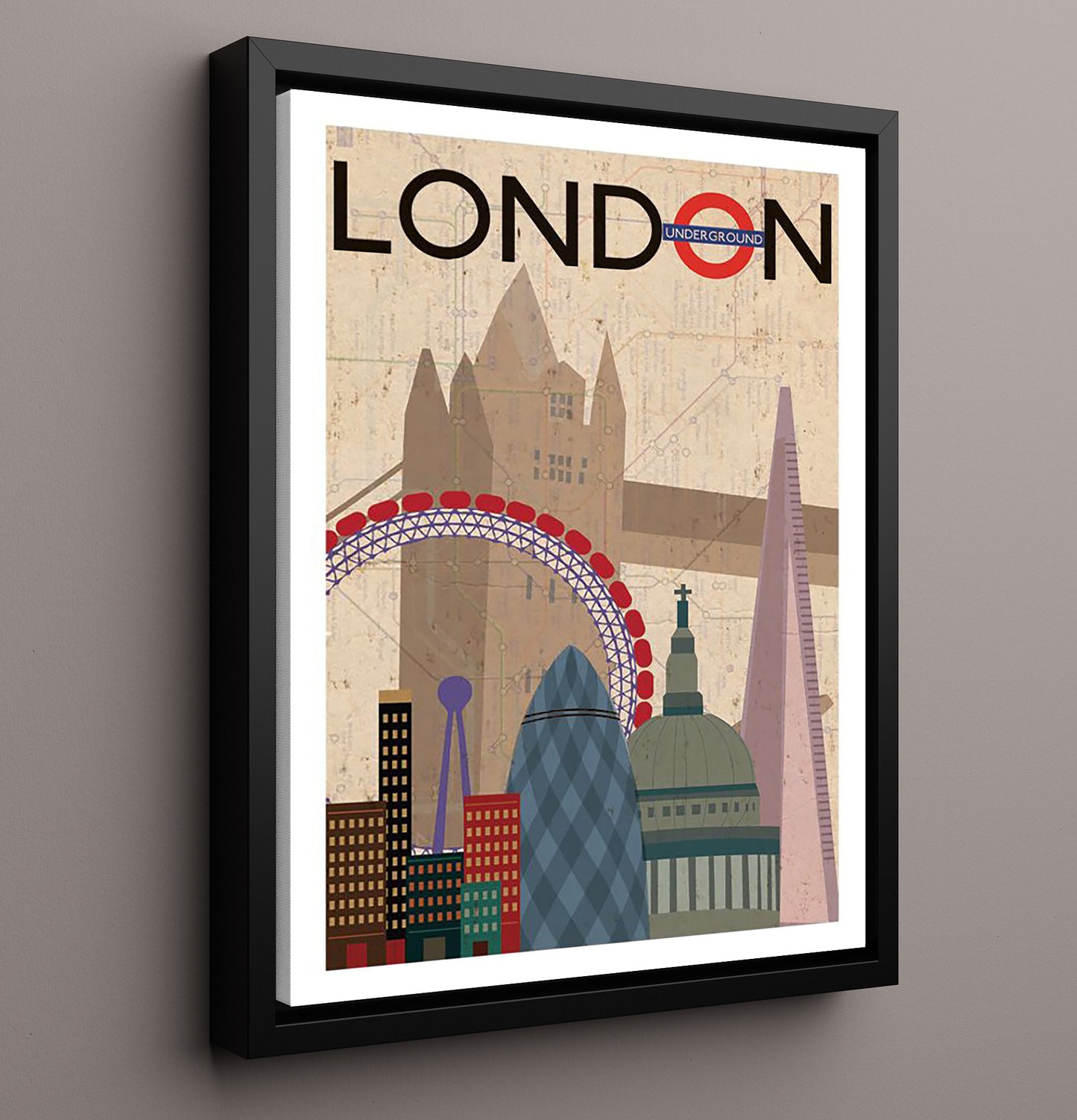 London Underground Landmarks Vintage Travel Print 16x20 Framed Canvas travel wall art print
