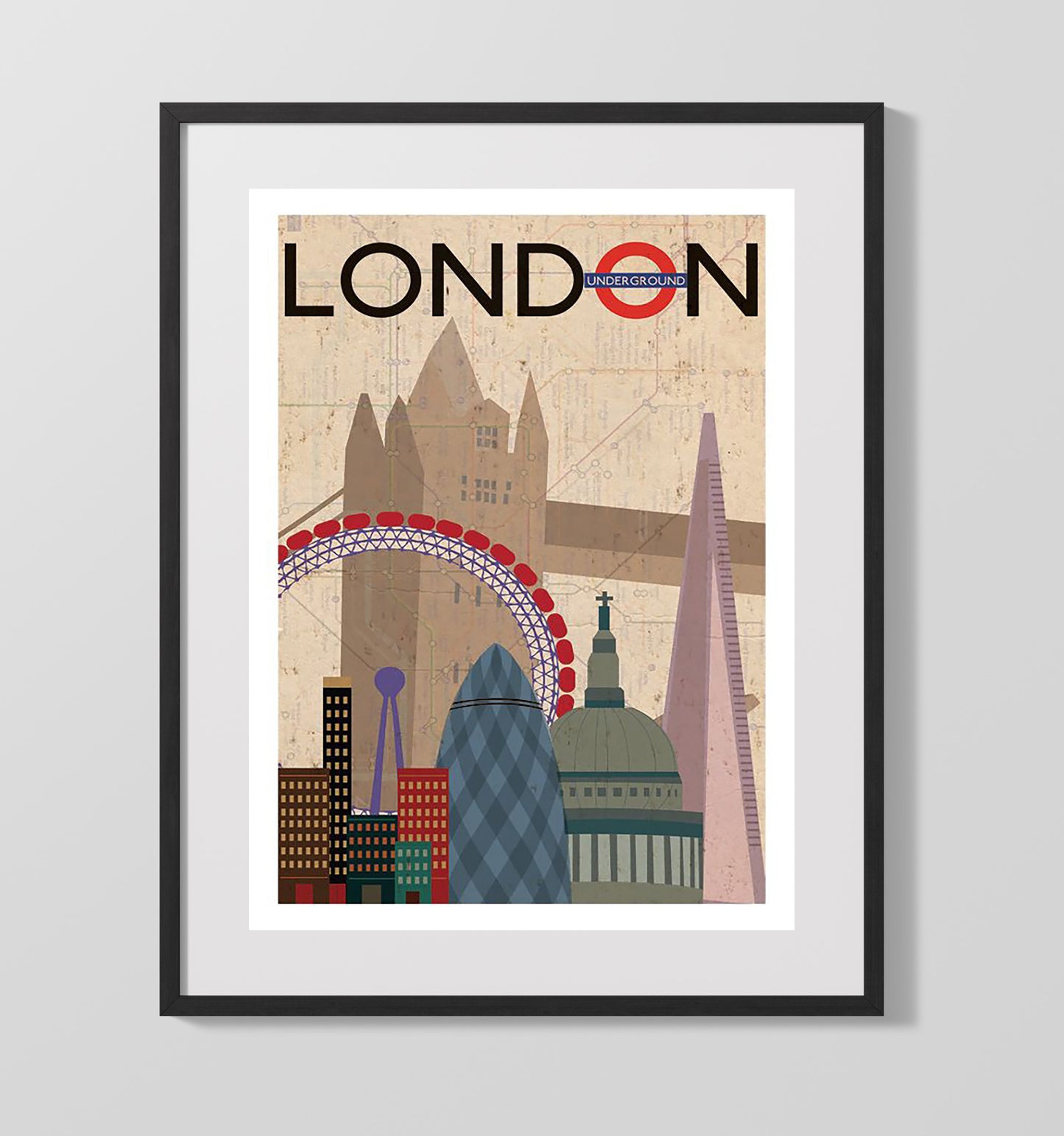 London Underground Landmarks Vintage Travel Print 16x20 Gallery Frame travel wall art print