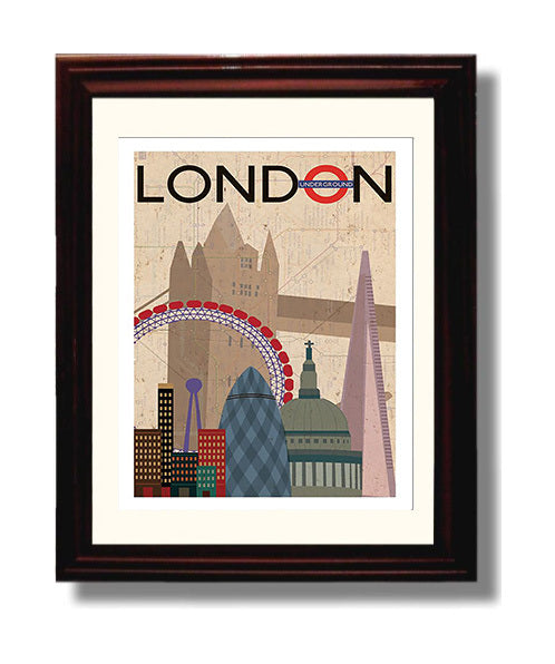 London Underground Landmarks Vintage Travel Print 8x10 Beveled Frame travel wall art print