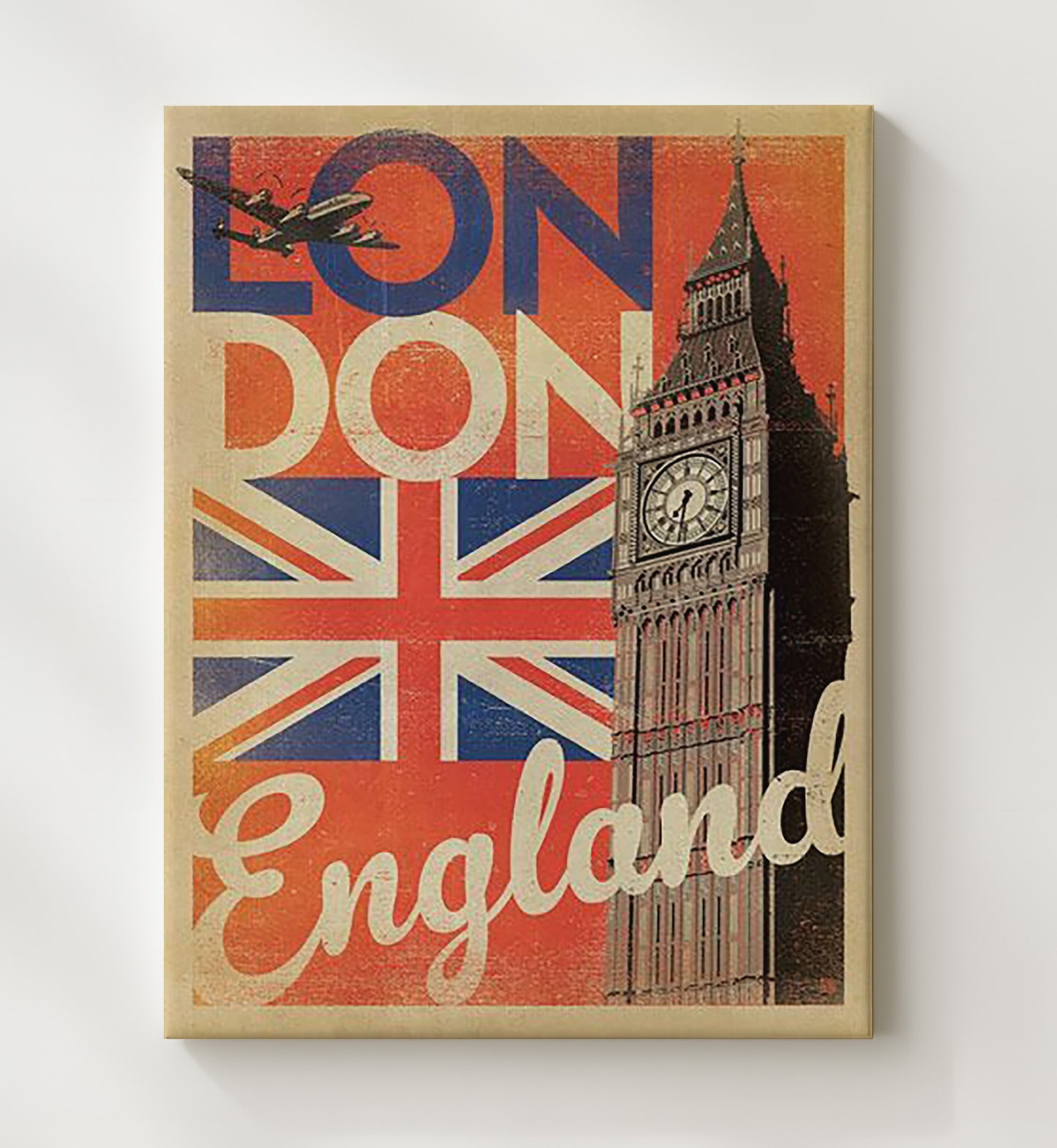 London Union Jack and Big Ben Vintage Travel Print 20x24 Canvas travel wall art print