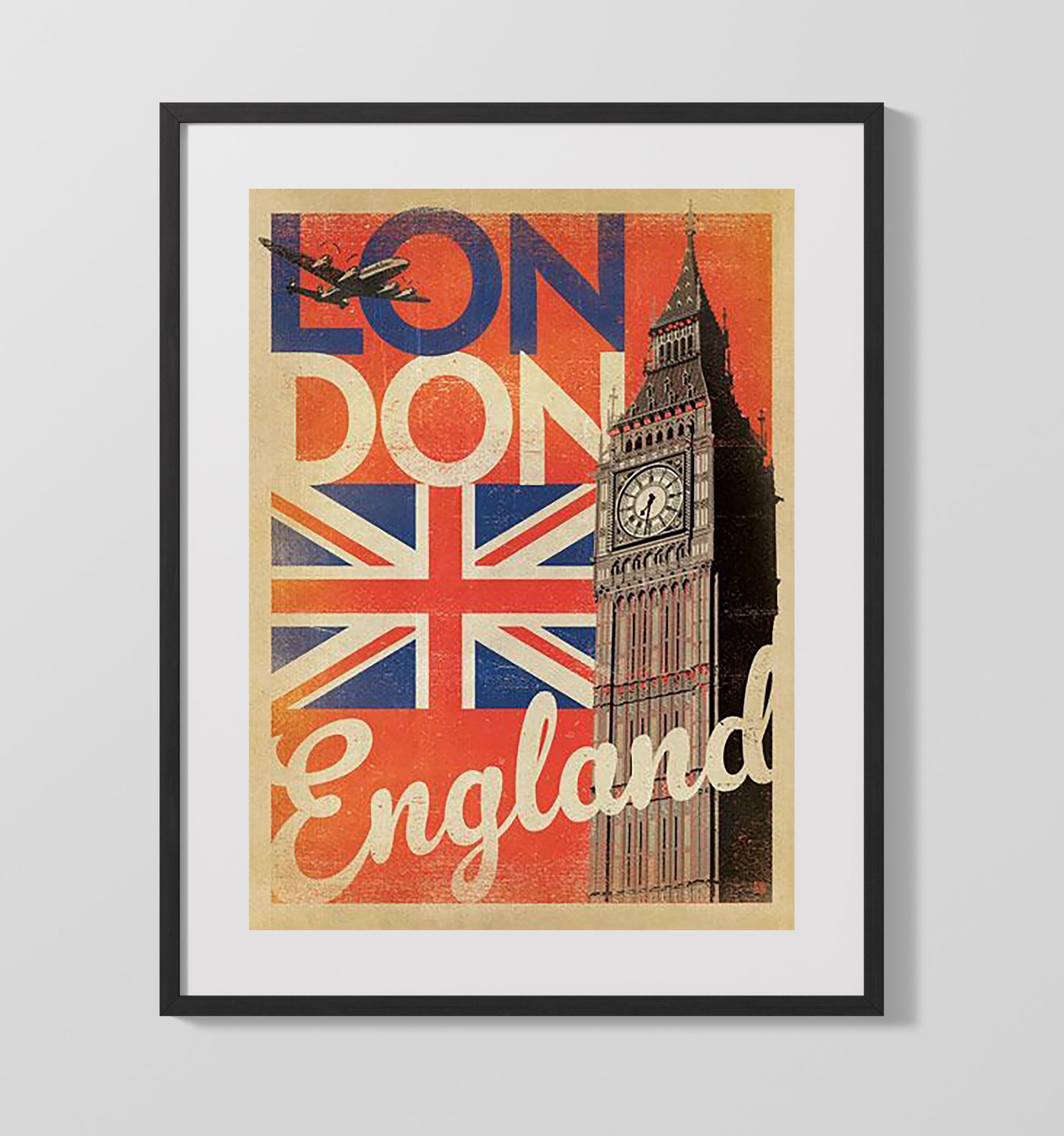London Union Jack and Big Ben Vintage Travel Print 16x20 Gallery Frame travel wall art print