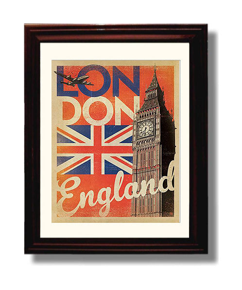 London Union Jack and Big Ben Vintage Travel Print 8x10 Beveled Frame travel wall art print