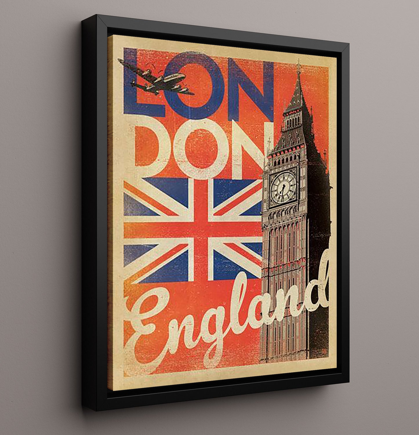 London Union Jack and Big Ben Vintage Travel Print 16x20 Framed Canvas travel wall art print