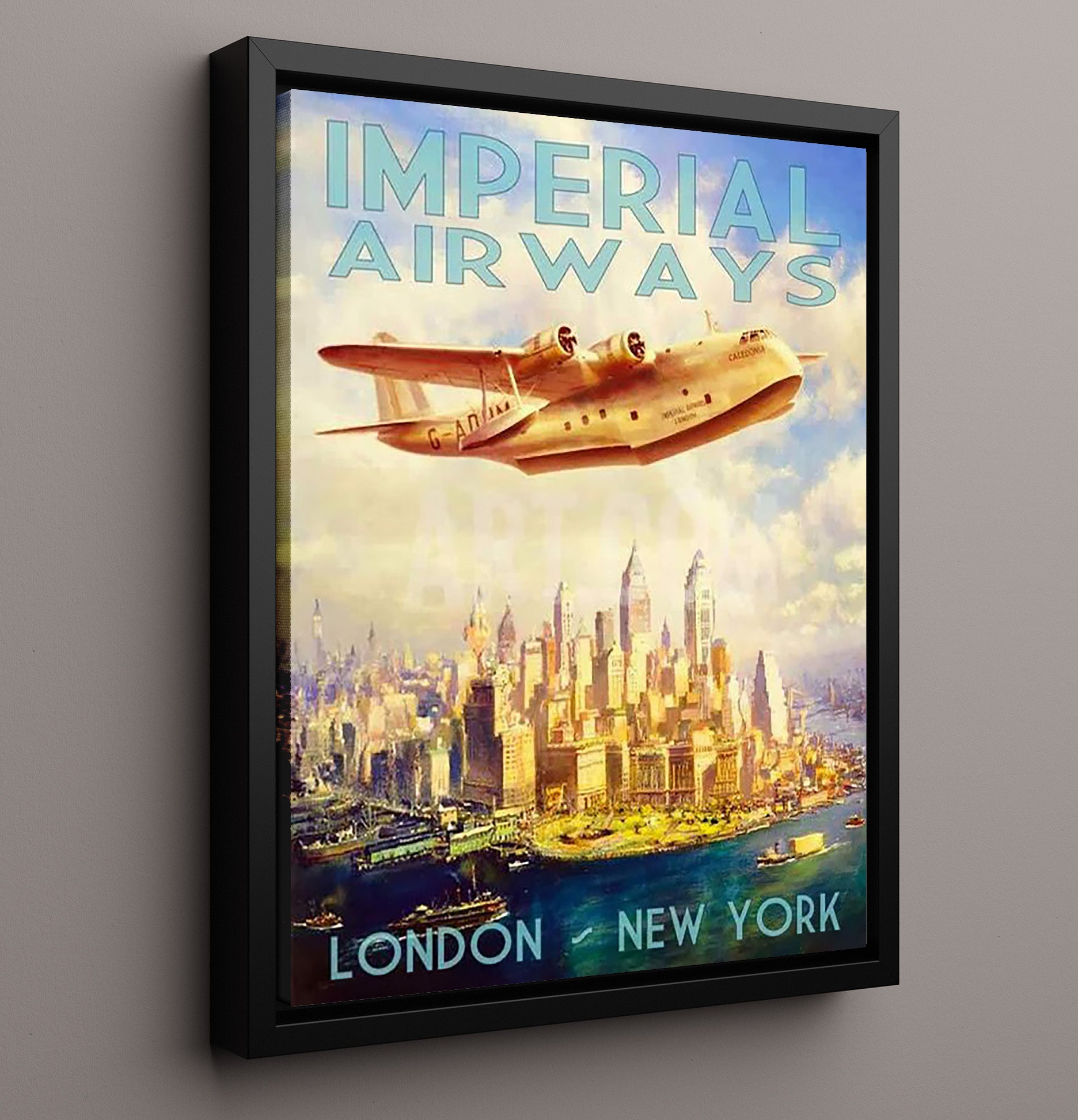 London New York Imperial Airways Vintage Travel Print 16x20 Framed Canvas travel wall art print