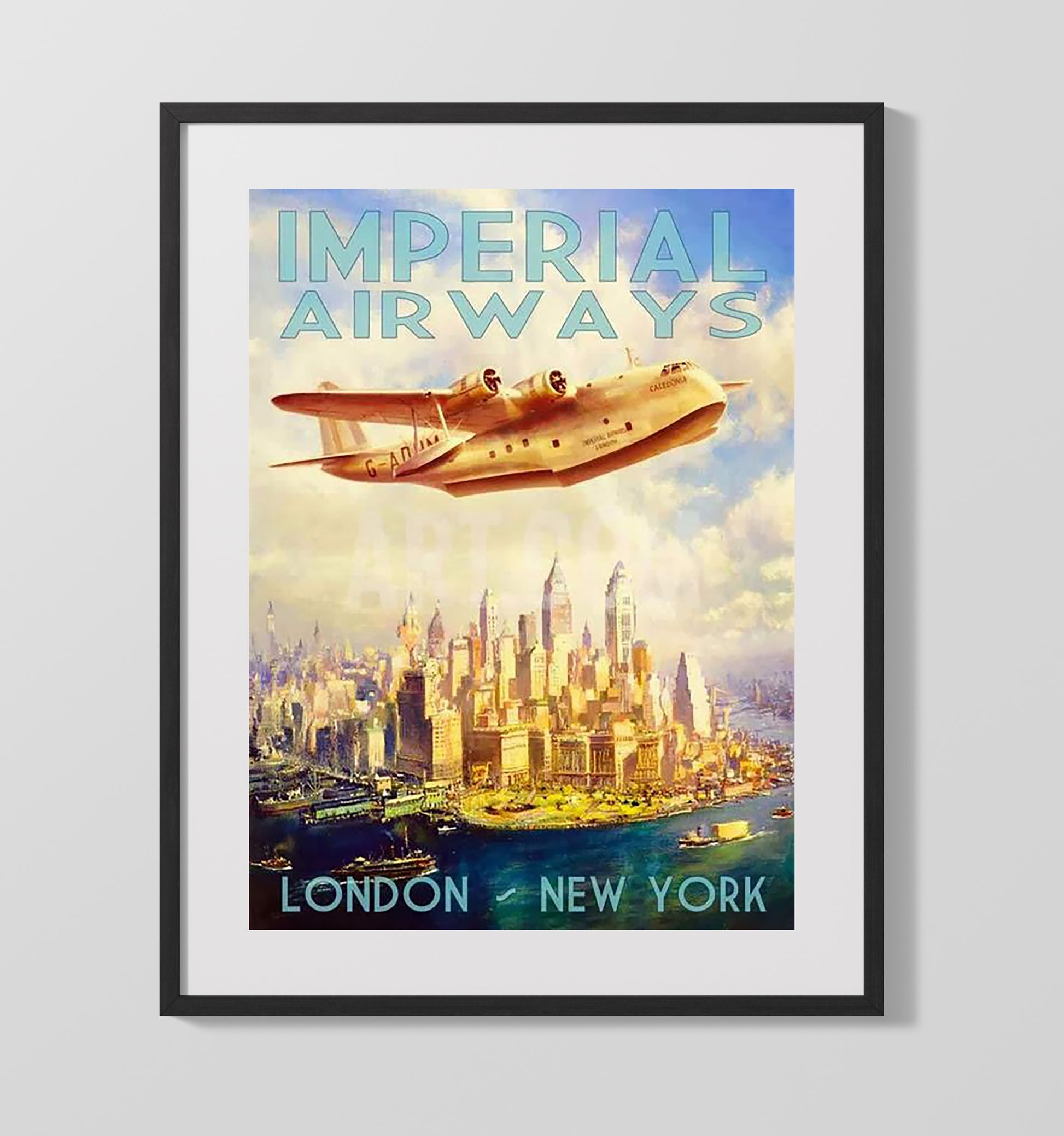 London New York Imperial Airways Vintage Travel Print 16x20 Gallery Frame travel wall art print