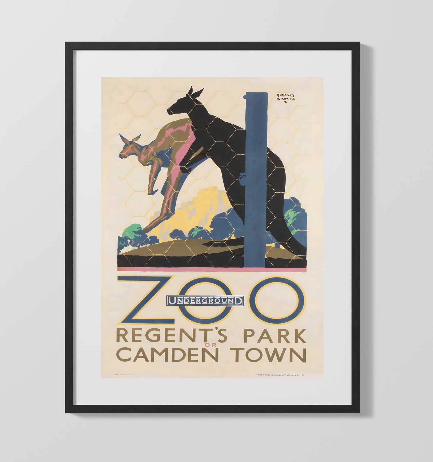 London Zoo Regents Park Kangaroo Vintage Travel Print 16x20 Gallery Frame travel wall art print