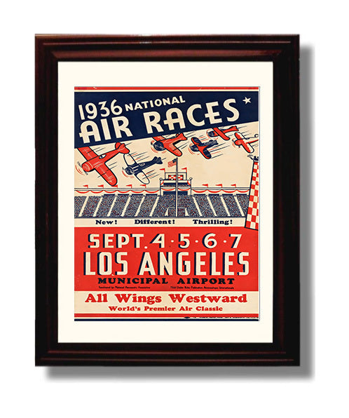 Los Angeles 1936 Air Races Vintage Travel Print 8x10 Beveled Frame travel wall art print