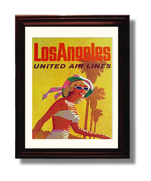 Los Angeles United Airlines Vintage Travel Print 8x10 Beveled Frame travel wall art print