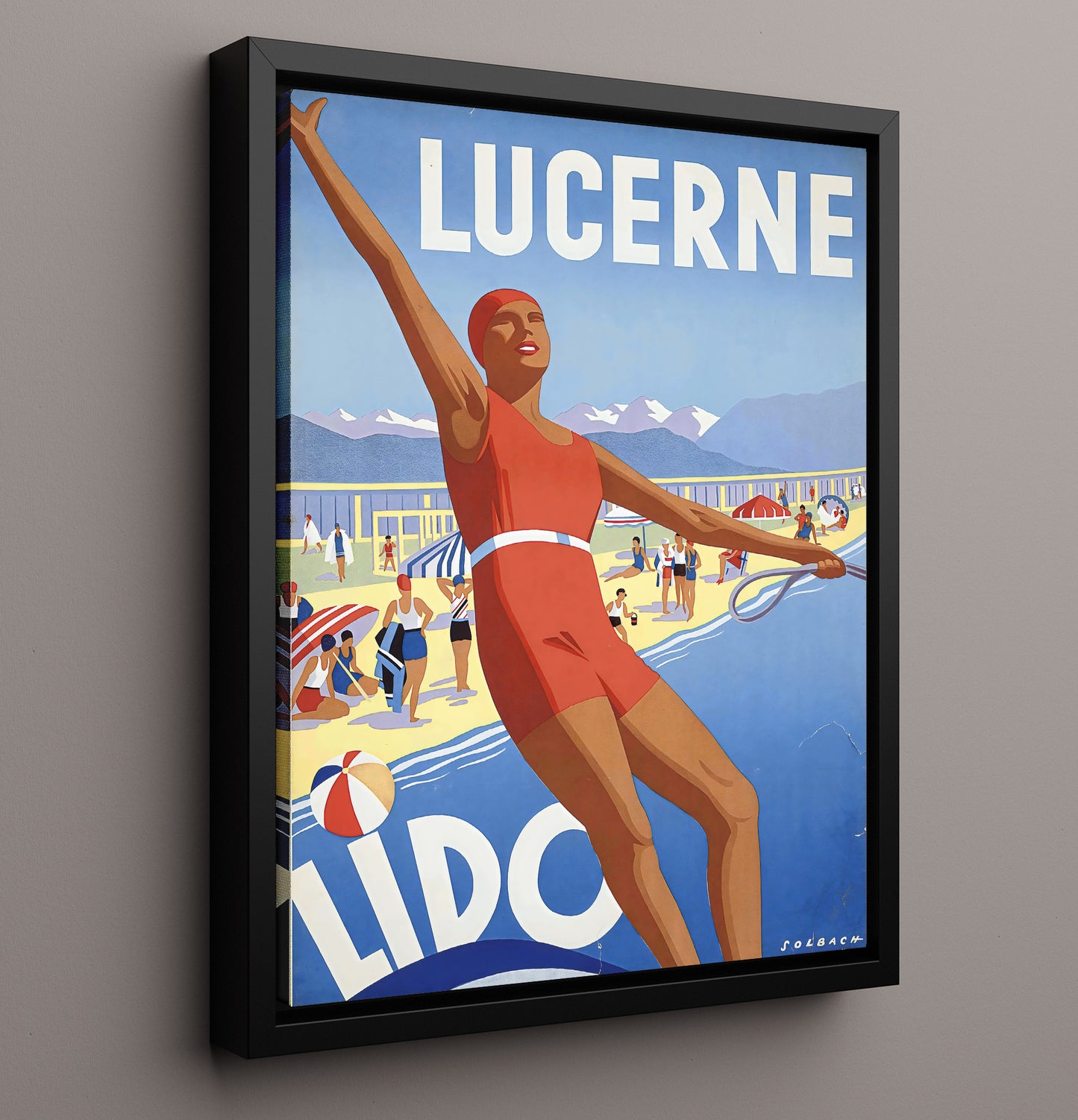 Lucerne Lido Vintage Travel Print 16x20 Framed Canvas travel wall art print