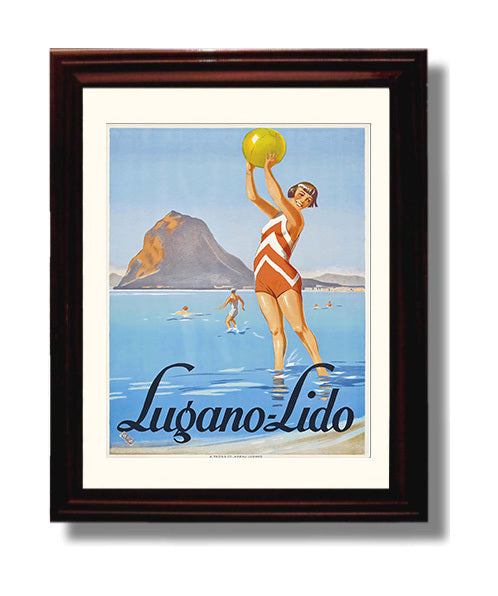 Lugano Lido Lake Vintage Travel Print 8x10 Beveled Frame travel wall art print