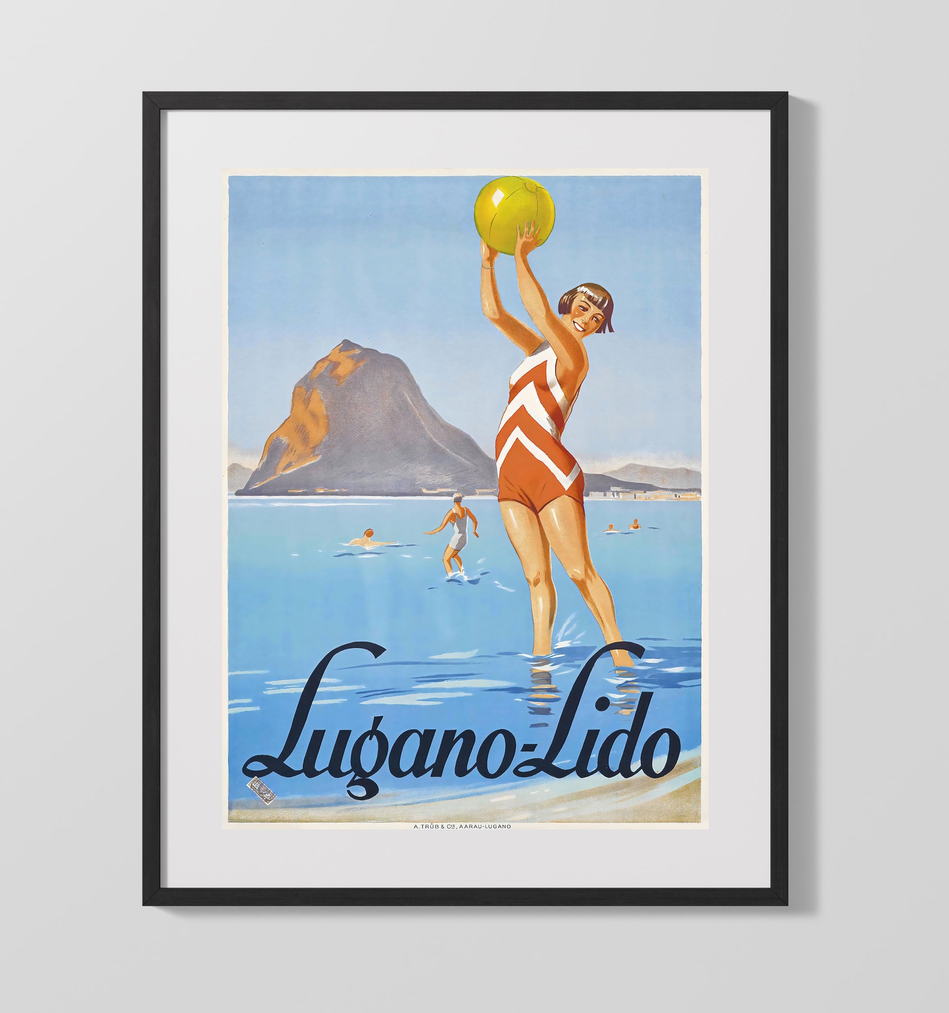 Lugano Lido Lake Vintage Travel Print 16x20 Gallery Frame travel wall art print