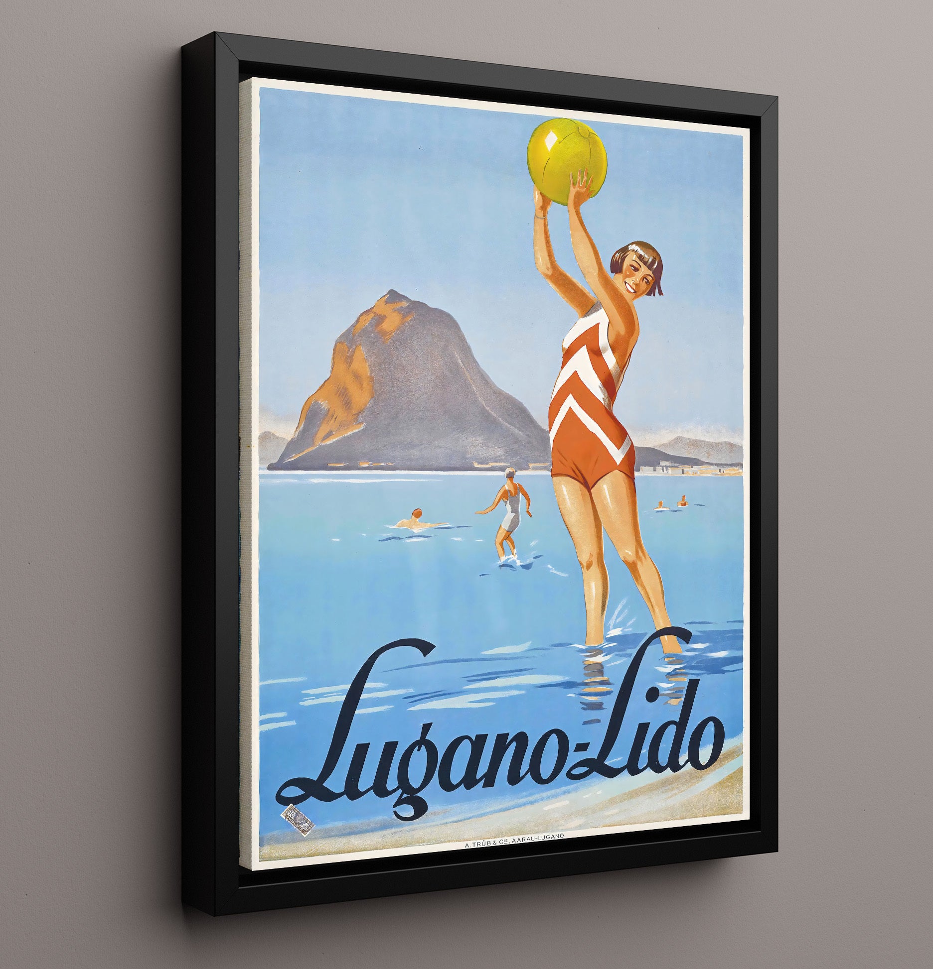 Lugano Lido Lake Vintage Travel Print 16x20 Framed Canvas travel wall art print